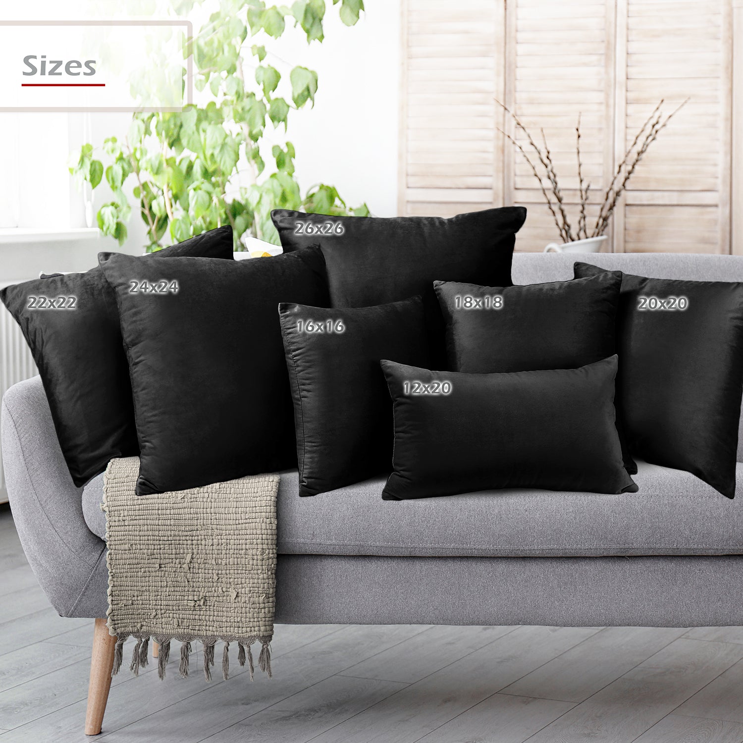 HWY 50 Black Decorative Throw Pillows Covers 20x20 Inch for Couch Sofa Bed  Living Room, Chenille Soft Comfy Solid Square Throw Pillows Cases Set