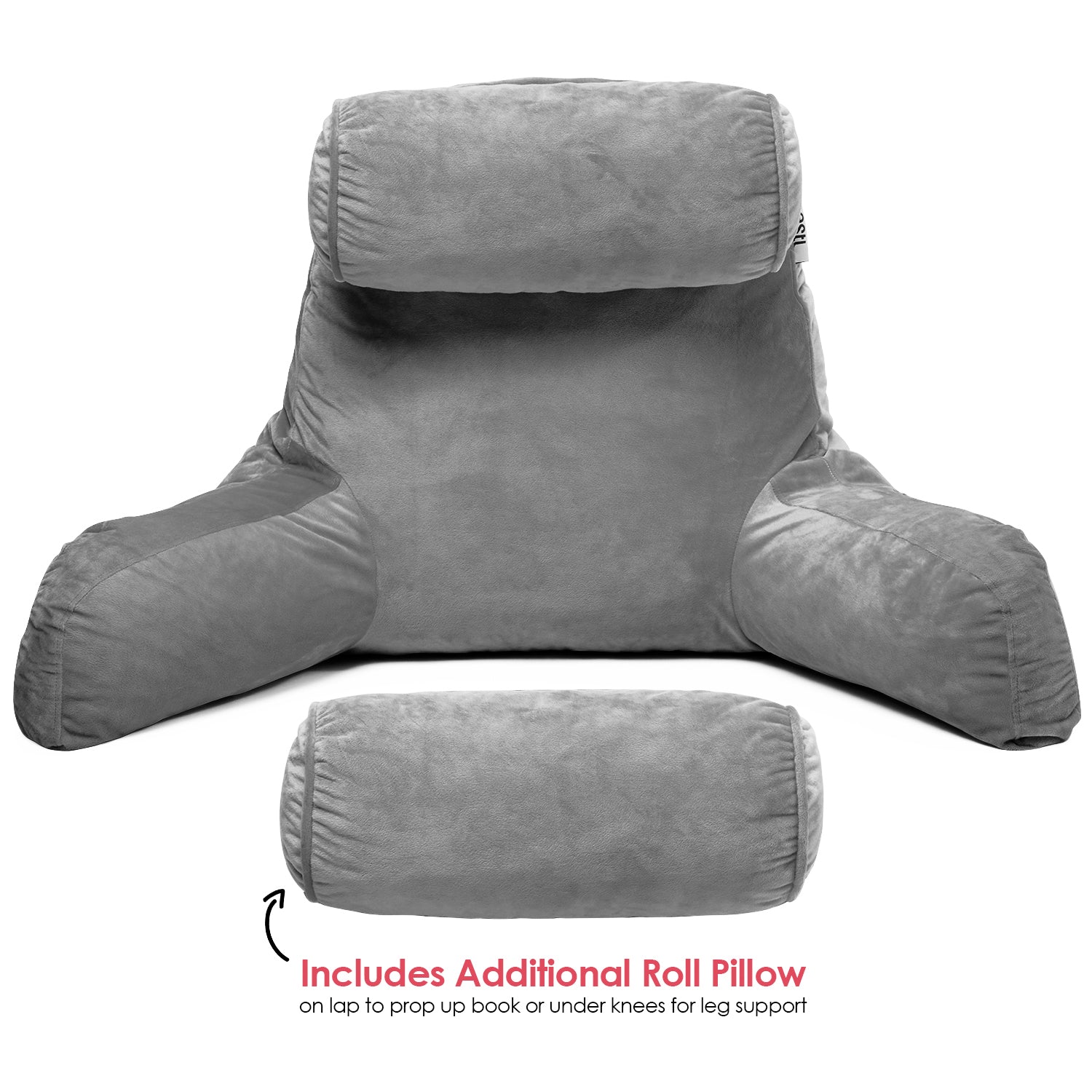 Clara Clark Backrest Reading Pillow, Back Support Pillow with Arms, Shredded Memory Foam Bed Rest Pillow, Medium, Dark Gray, Size: Size Medium