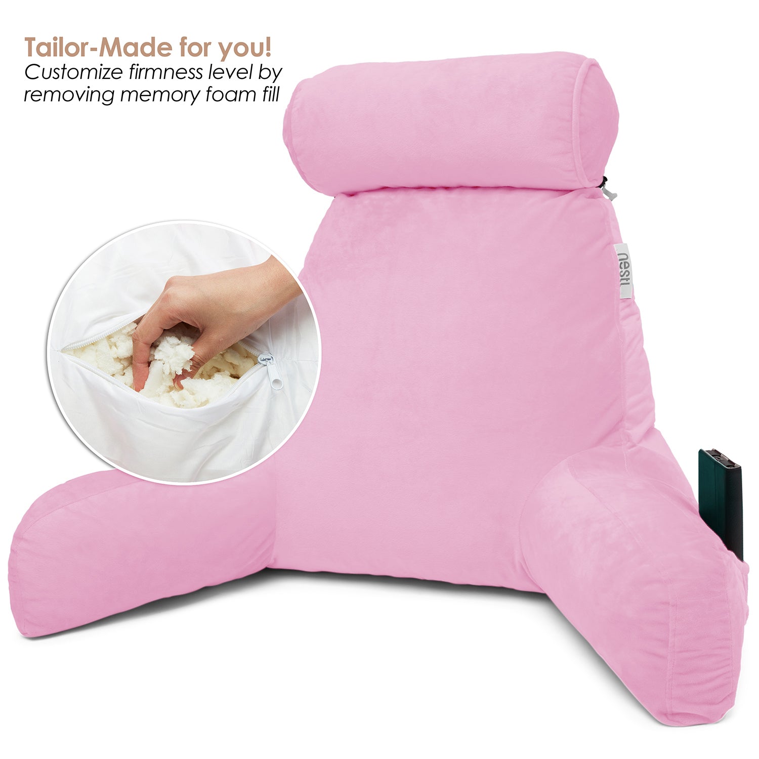 Reading Pillow Adult, Back Pillow for Sitting in Bed, Memory Foam Reading &  Bed Rest Pillow with Arms and Pockets 