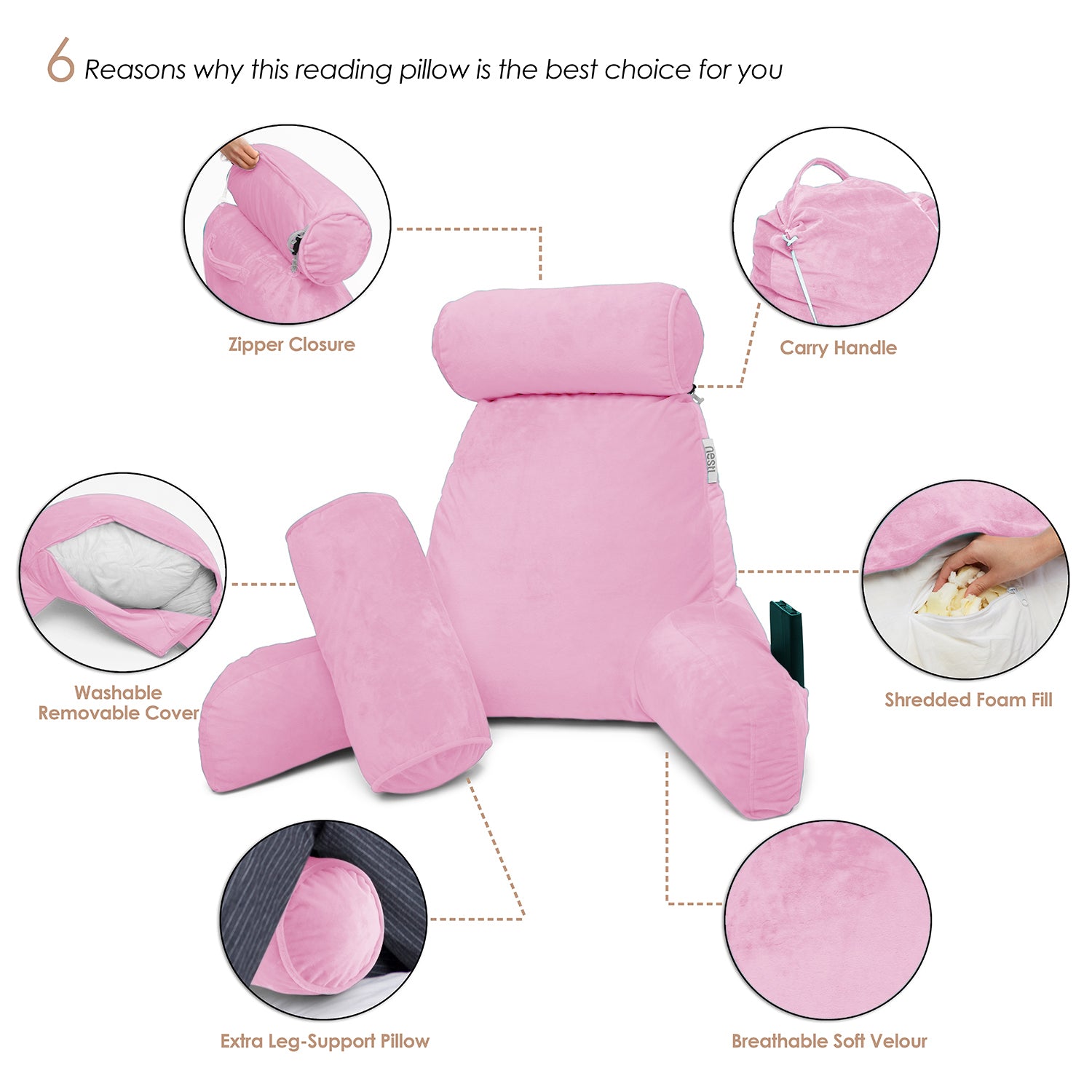 Reading Pillow with Armrest Detachable Back Support Chair Cushion Bed Plush Big Backrest Rest Removable Neck Pillow Home Decor, Size: 75, Pink
