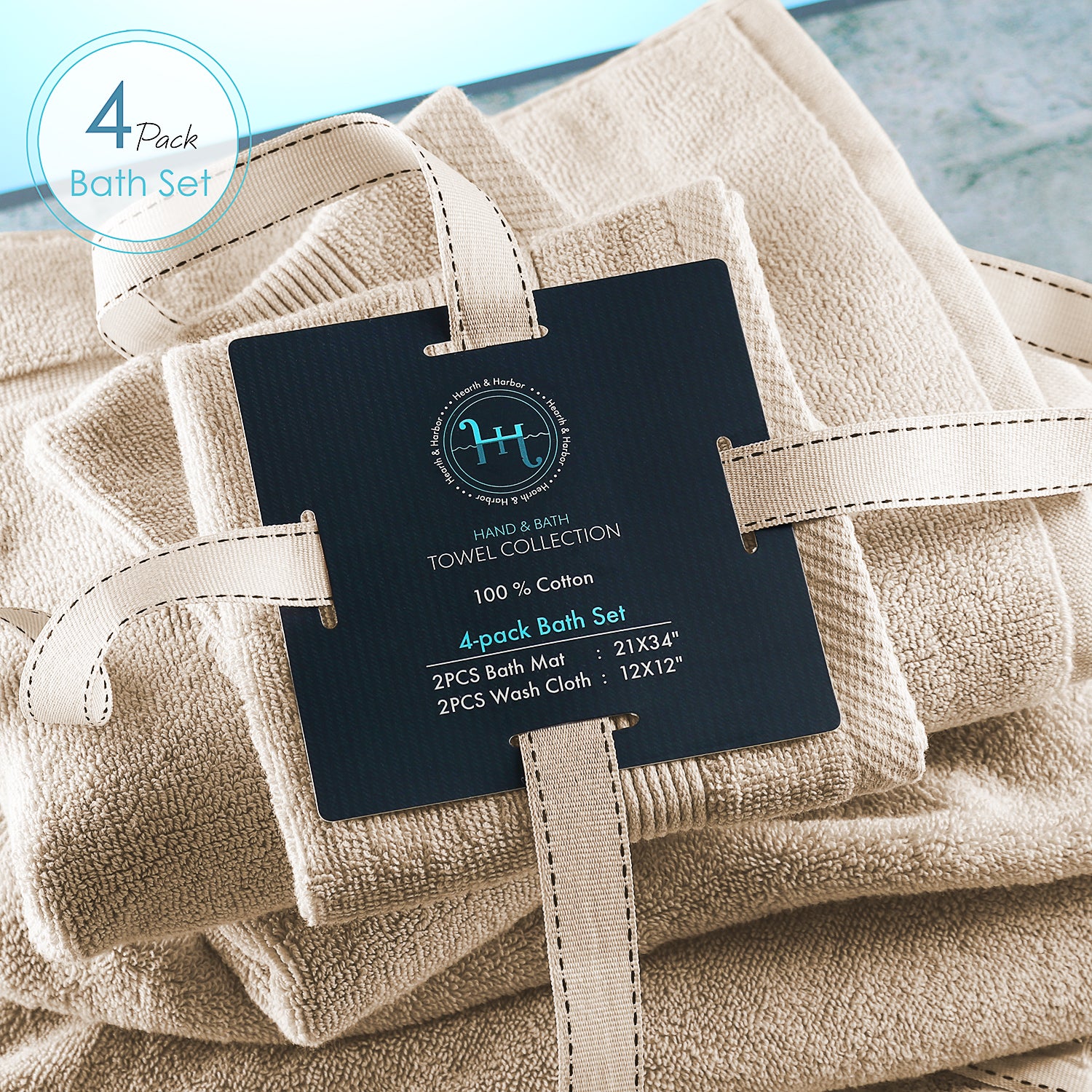 Hearth & Harbor Bath Towel Collection, 100% Cotton Luxury Soft Set of 2 Bath  Mats & 2 Wash Cloth Towels - Black 